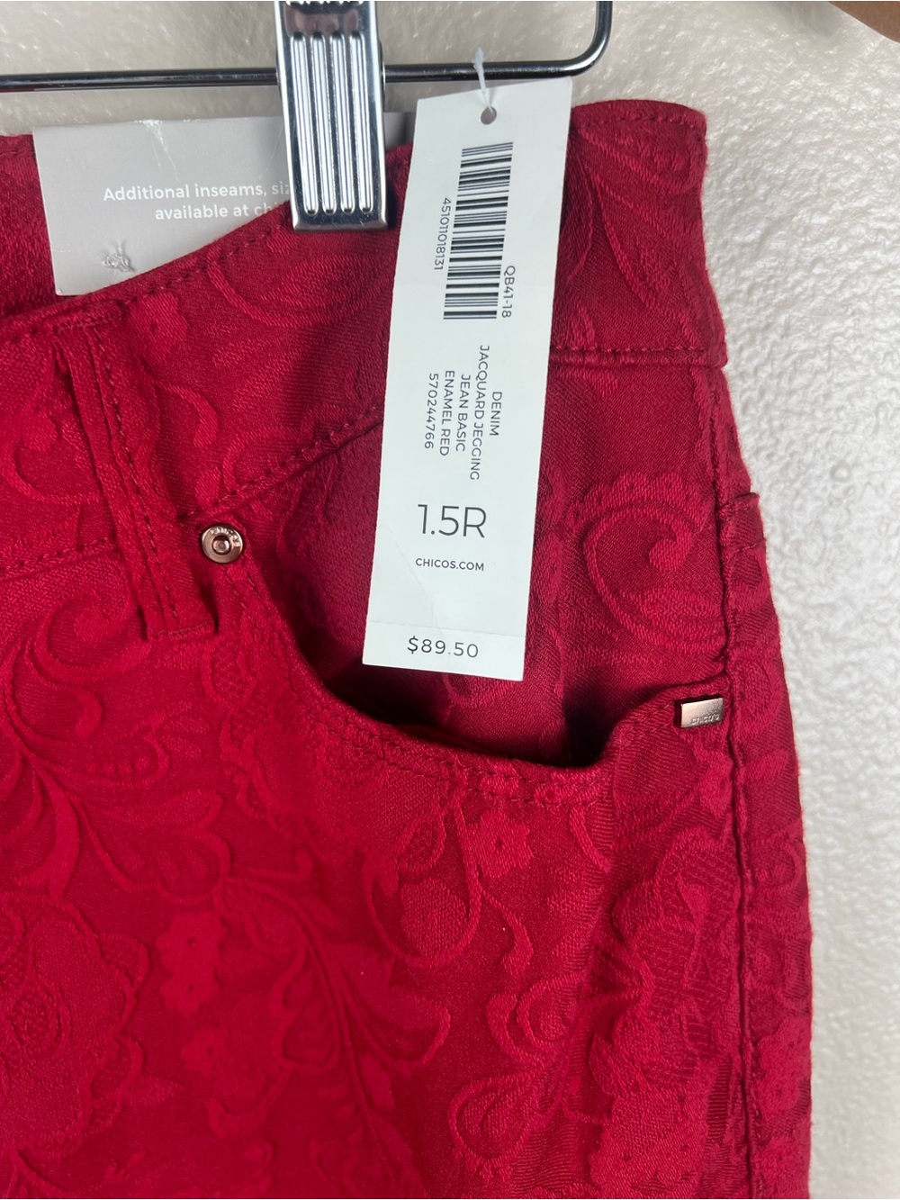 Chico’s Red Jacquard Floral Jeggings 1.5R / 10 NWT - Picture 4 of 9